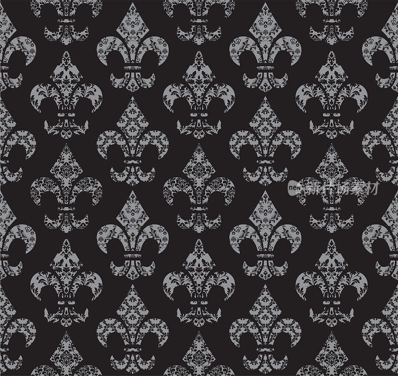 黑色Fleur De Lis法国锦缎豪华装饰织物图案